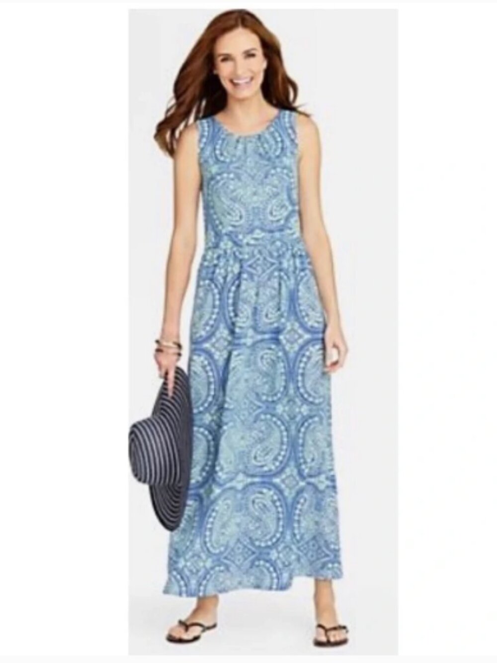 Talbots Size 16 Blue Maxi Dress Medallion Paisley Print Sleeveless Zip Scoop